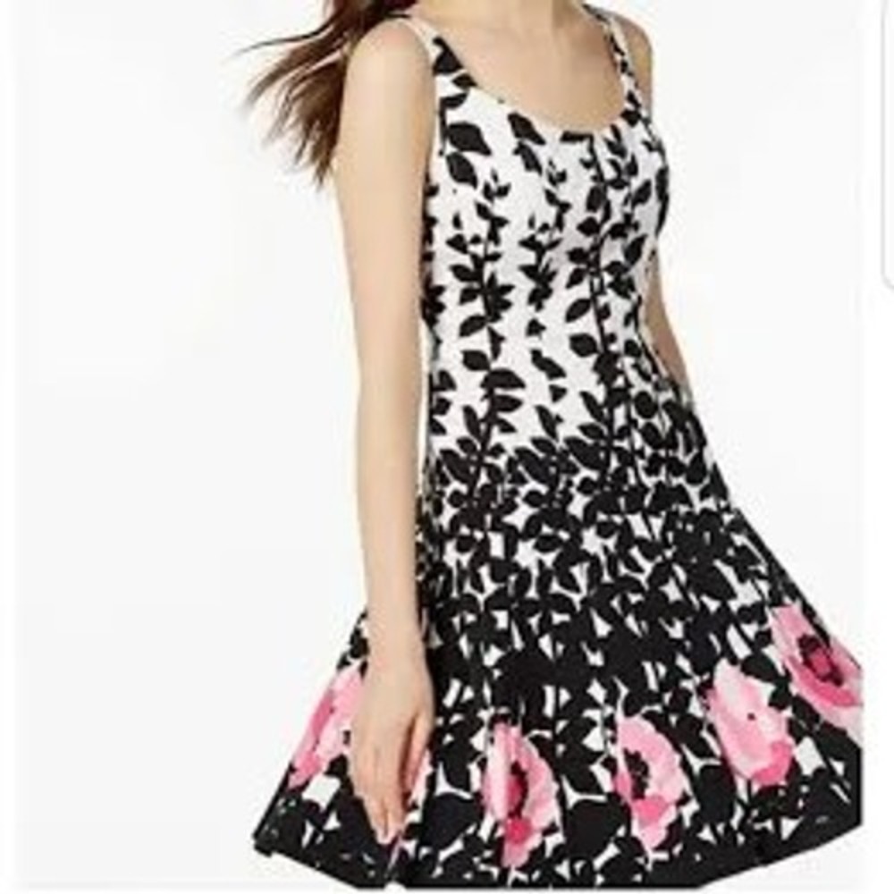 Nine West Womens Size 14 Black White Pink Floral Leaf Print Fit and Flare Dress